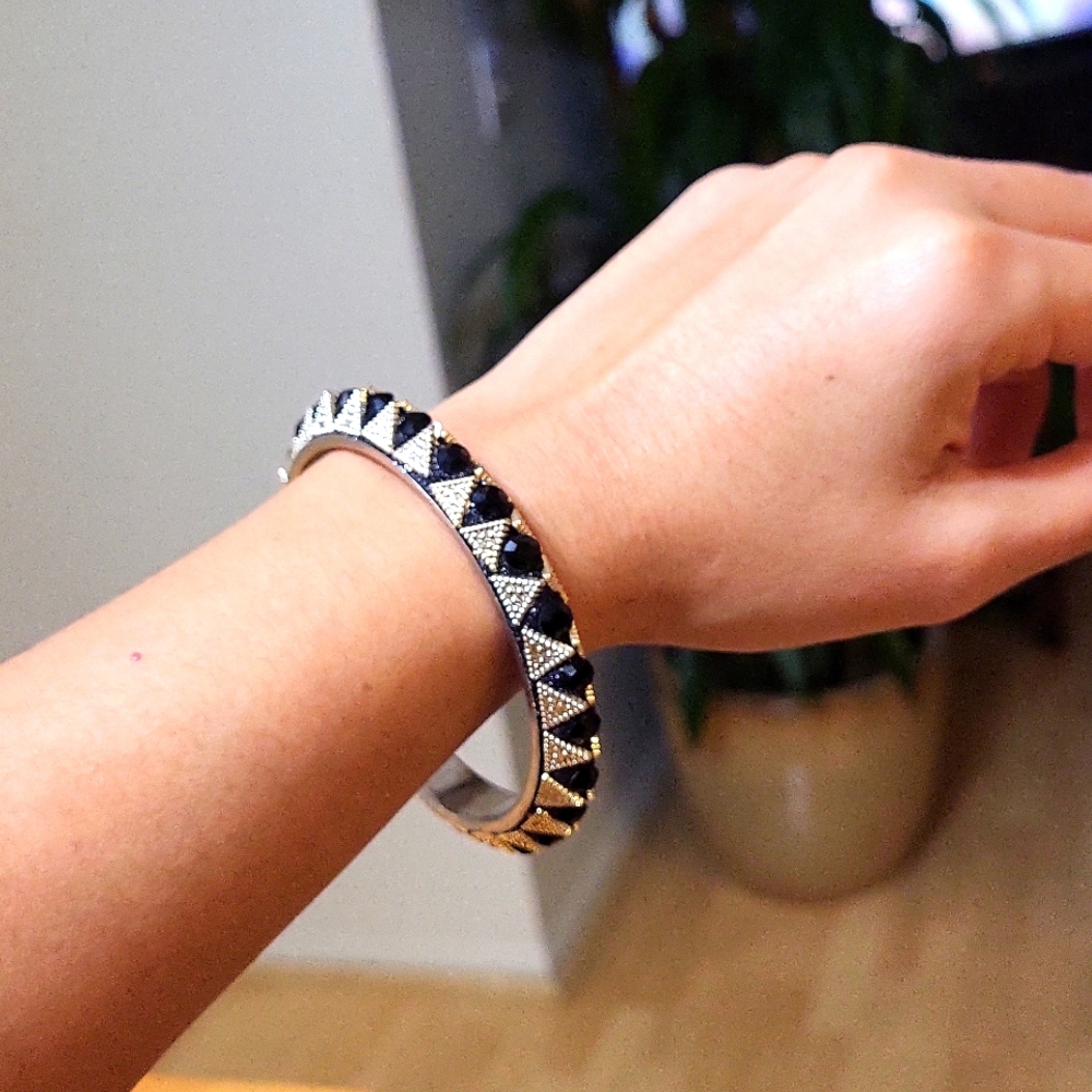 Silver Tone & Black Crystal Bangle Bracelet